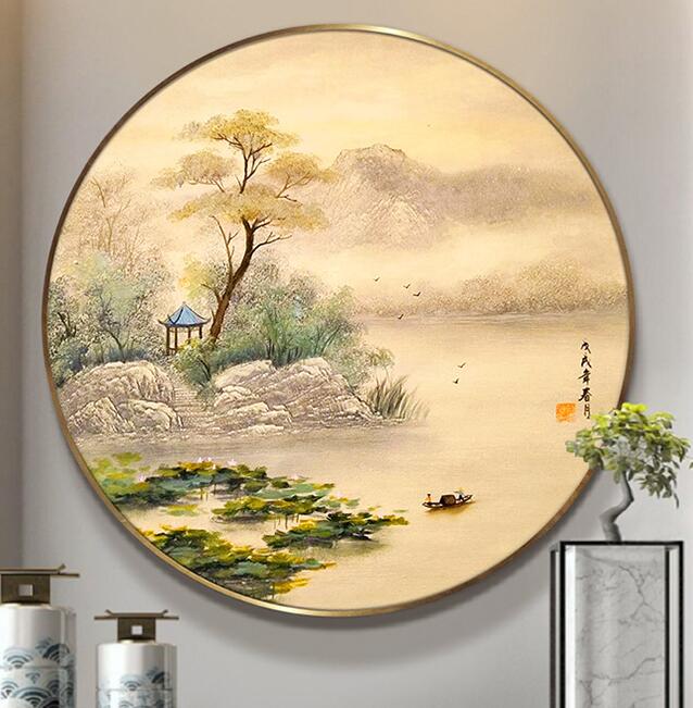 新中式中国画油画圆形风景油画_风景油画分类_大芬油画村油画定制，美院