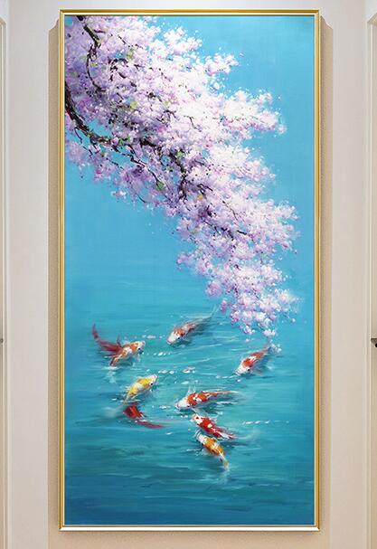 樱花九鱼图油画新中式客厅挂画油画大芬村_鱼油画九鱼锦鲤_动物