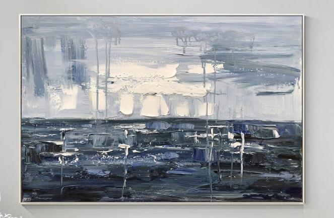 原创海洋抽象画大型灰色纹理抽象画蓝色抽象画白色亚克力抽象艺术客厅