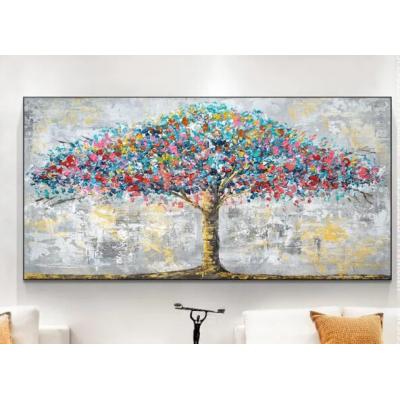 抽象花树油画，画布上盛开的彩色树 幸福树  发财树   大芬村油画