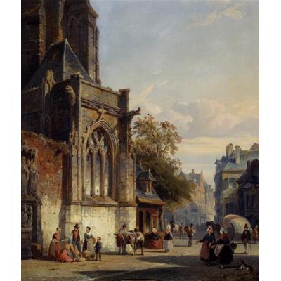 教堂前的城镇广场随想曲 科尼利斯·斯普林格 街景油画