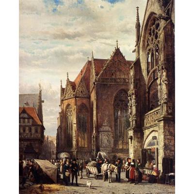 不伦瑞克马提尼克教堂前的集市广场上的许多人物 科尼利斯·斯普林格 建筑油画