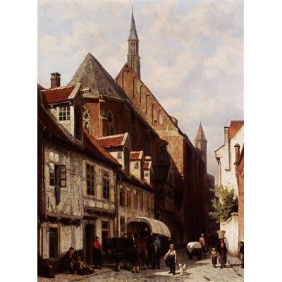 不来梅的一条繁忙的街道和背景的圣约翰教堂 科尼利斯·斯普林格 街景油画