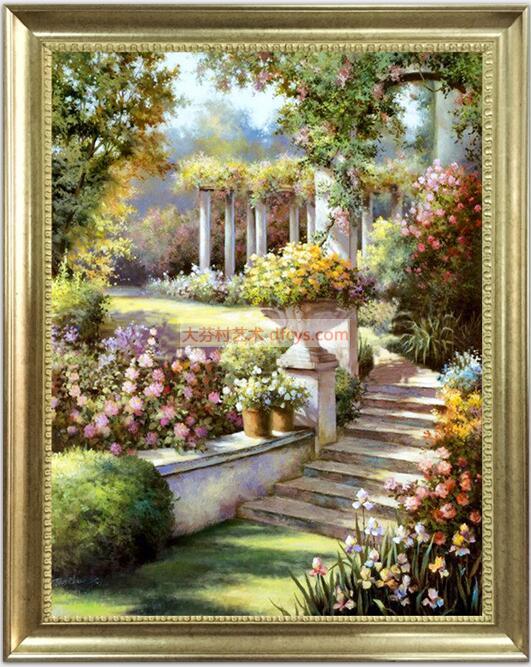 地中海花园 简欧手绘油画风景画 美式玄关过道装饰画旺宅