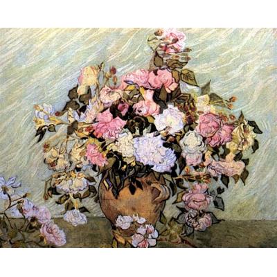 有玫瑰的静物花瓶 文森特 - 梵高  印象静物花卉油画  大芬村油画