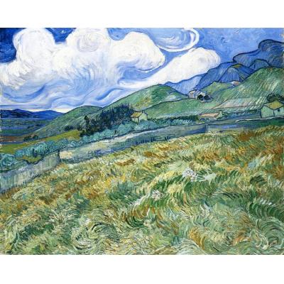 背景是山的麦田 文森特 - 梵高  田园风景油画  欧美名画