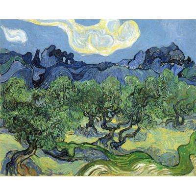 前景中有橄榄树的阿尔皮勒 文森特 - 梵高  印象田园油画