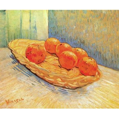 有篮子和六个橙子的静物 文森特 - 梵高  静物水果装饰画  餐厅油画
