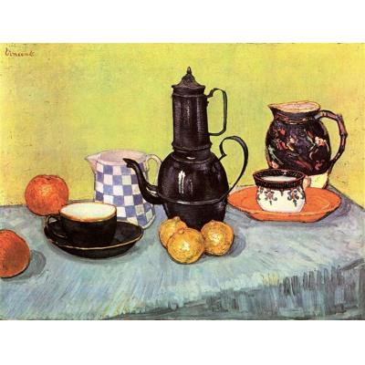 蓝色珐琅咖啡壶、陶器和水果的静物 文森特 - 梵高  静物装...