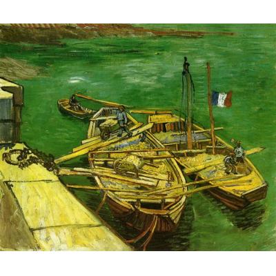 码头与人卸载沙驳船 文森特 - 梵高  大芬村油画定制 风景油画 