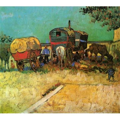 吉普赛人的大篷车营地 文森特 - 梵高  印象风景油画 大芬村装饰油画 