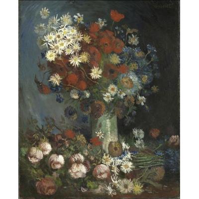 有草甸花和玫瑰的静物 文森特 - 梵高  静物花卉油画 大芬村装饰油画 