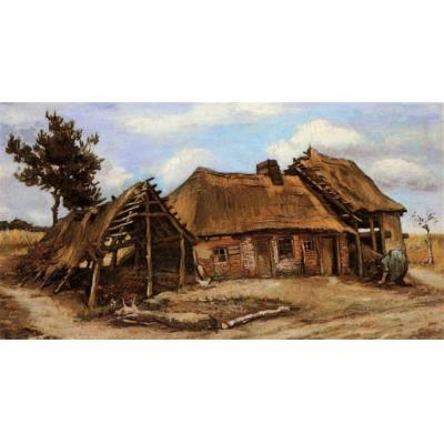 小屋与破旧的谷仓和弯腰的女人 文森特 - 梵高  欧洲风景油画