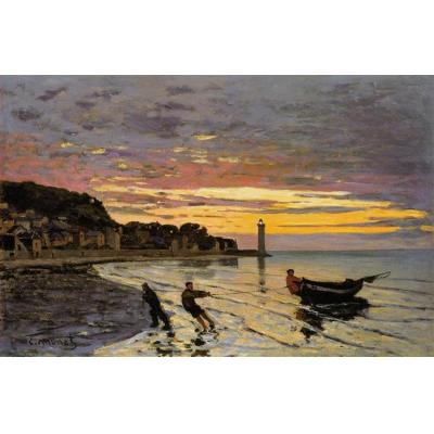 拖船上岸，翁弗勒尔 克劳德·莫奈 欧美人情风俗油画  印象景观油画