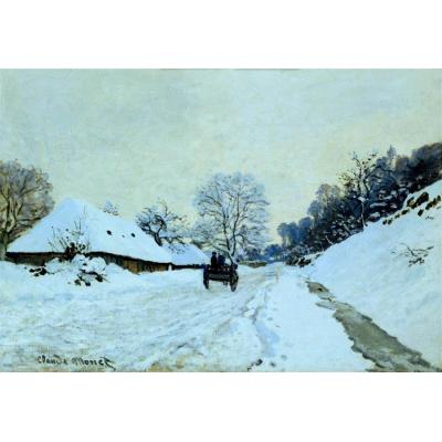 Saint-Simeon 农场在白雪覆盖的道路上行驶的手推车 克劳德·莫奈 印象雪景油画 