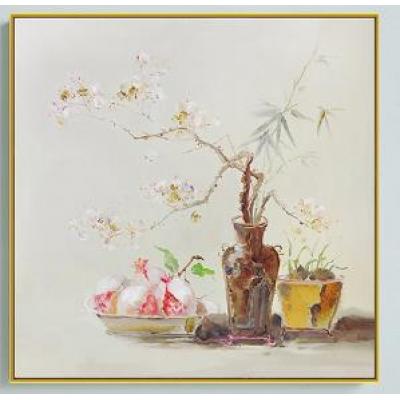 新中式手绘油画花卉简约现代装饰画入户玄关客厅餐厅方形轻奢挂画