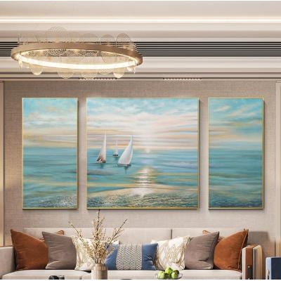 一帆风顺手绘油画客厅挂画沙发背景墙北欧现代三联画前程似锦