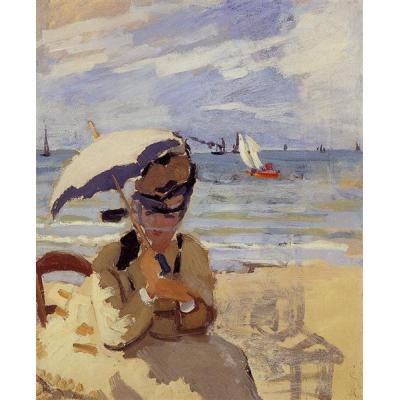 卡米尔坐在特鲁维尔的海滩上 克劳德·莫奈  酒店装饰油画 大芬村名画临摹 