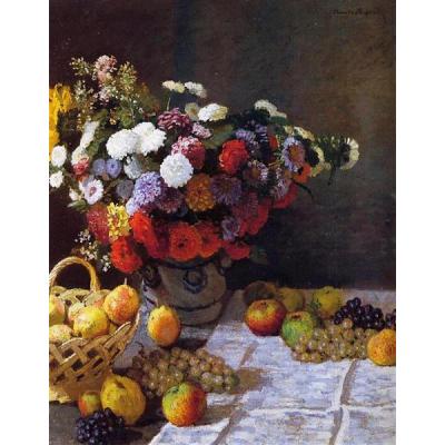 鲜花和水果 克劳德·莫奈  印象静物花卉油画  酒店餐厅油画 