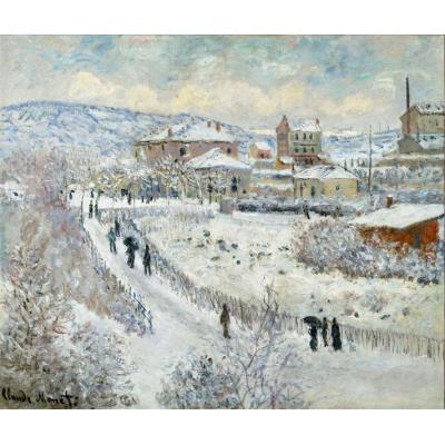 雪中​​的阿让特伊景观 克劳德·莫奈 印象雪景油画  大芬村纯手绘油画 