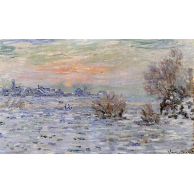 塞纳河上的冬天，拉瓦库尔 克劳德·莫奈  冬日雪景油画 大芬...