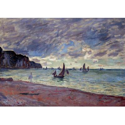 海滩和 Pourville 悬崖边的渔船 克劳德·莫奈  印象海景油画  酒店卧室油画