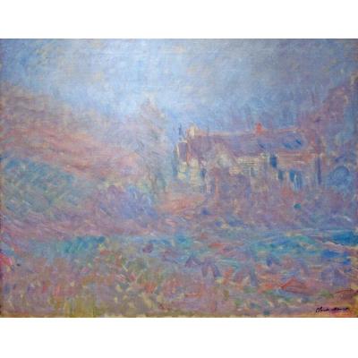 雾中法莱斯的房屋 克劳德·莫奈  印象风景油画  大芬村名画临摹 
