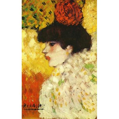 头发上有红花的女孩 巴勃罗毕加索  后印象油画  酒店客厅餐厅装饰油画 