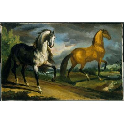 两匹行走的马 动物油画  办公室油画