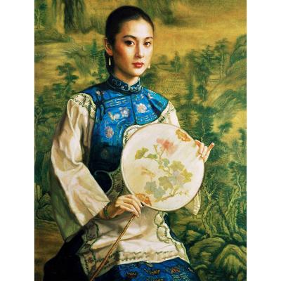 名画陈逸飞油画人物 女子与山水 油画