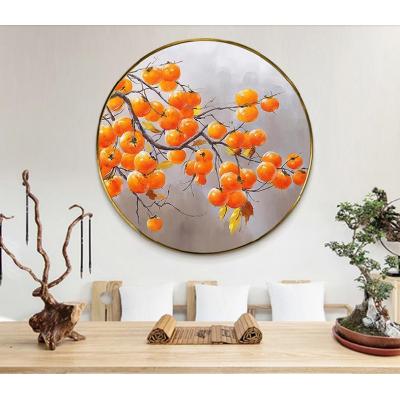 手绘新中式客厅装饰画圆形玄关茶室餐厅装饰油画柿柿如意