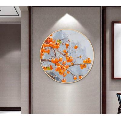 手绘新中式客厅装饰画圆形玄关茶室餐厅装饰油画柿柿如意