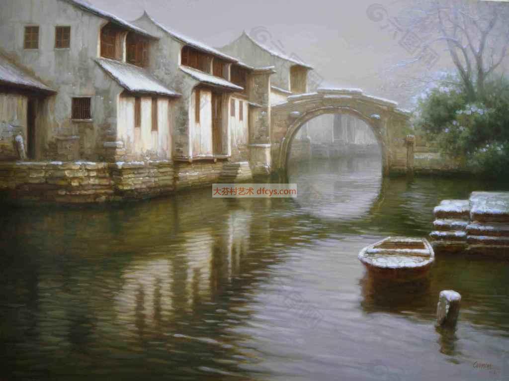 江南水乡油画 中国风景画  水乡 风景