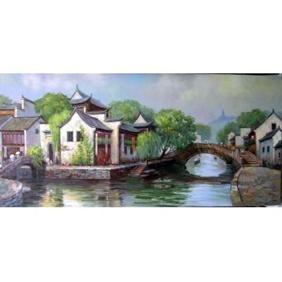 江南水乡油画 中国风景画  水乡 风景01