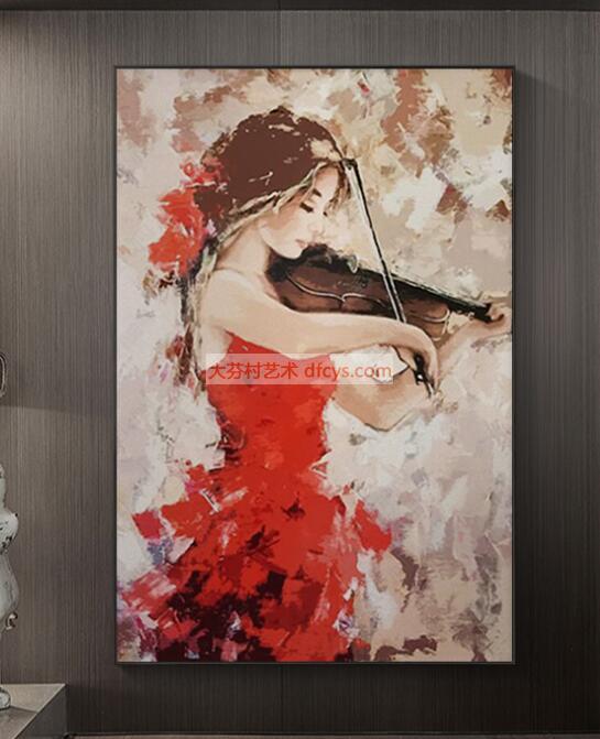 钢琴房书房挂画古典客厅玄关装饰画人物美女画小提琴女孩 大芬村油画 