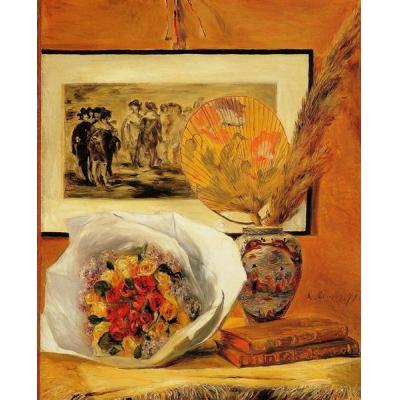静物与花束 皮埃尔-奥古斯特·雷诺阿 印象静物画  客厅餐厅玄关油画 