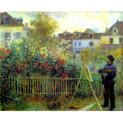 莫奈在他位于阿让特伊的花园里作画 皮埃尔-奥古斯特·雷诺阿 欧美花园景油画 酒店客厅油画 