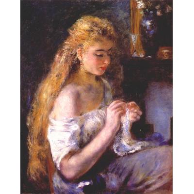 钩针编织的女孩 皮埃尔-奥古斯特·雷诺阿 印象人物油画 卧室油儿童房油画  