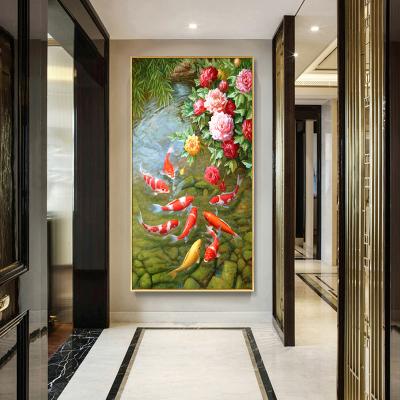 新中式牡丹九鱼图手绘油画客厅背景墙餐厅美式装饰画欧式年年有余