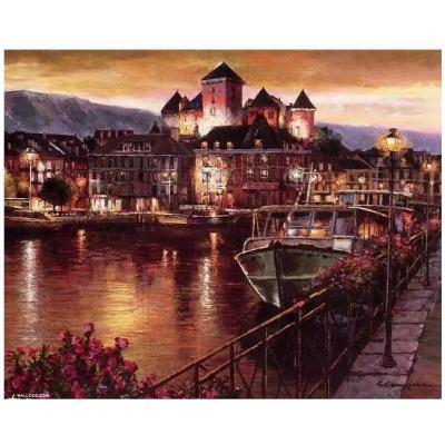 法国安纳西夜景 欧洲小镇风情 大芬油画
