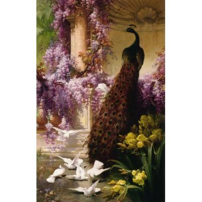 大芬村油画 花园里的孔雀和鸽子 尤金·比道