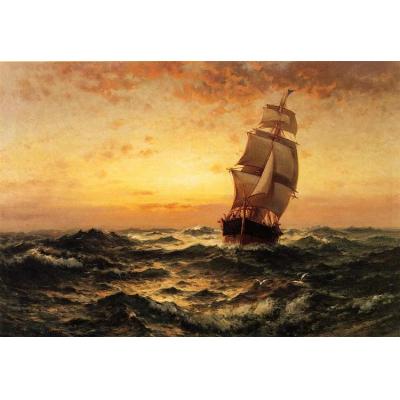 海上的船，日落 爱德华莫兰 大海帆船油画