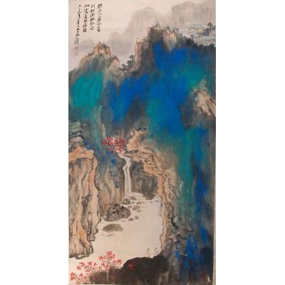 張大千1980年作聽泉入山麓潑彩山水圖立軸對屏 中国山水画 