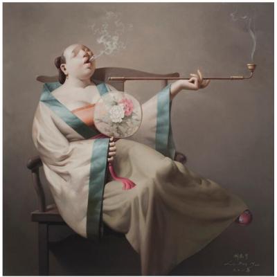 刘宝军 抽烟的女人 新中式人物油画 油画定制 胖女人油画