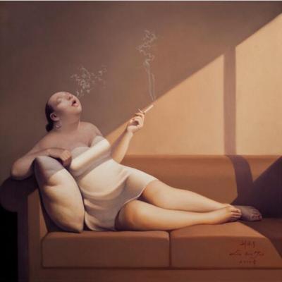 刘宝军 抽烟的女人 新中式人物油画 油画定制 胖女人油画01