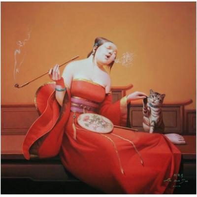 刘宝军 抽烟的女人 新中式人物油画 油画定制 胖女人油画03