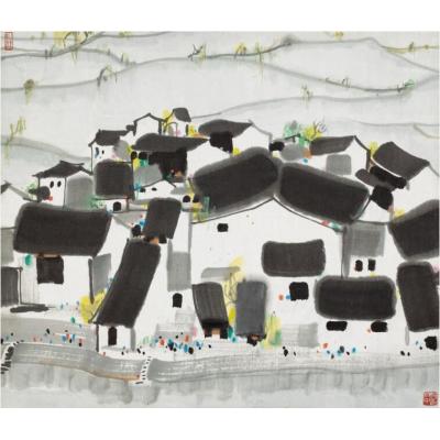 吴冠中 (1919-2010) 水乡 图卷，裱框，设色纸本 67 x 77 cm  大芬村油画