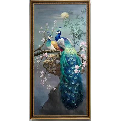 新中式手绘孔雀油画玄关装饰画客厅挂画 大芬油画