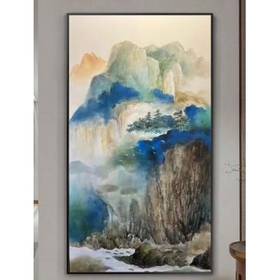 新中式青绿山水风景题材纯手绘油画玄关 大芬油画
