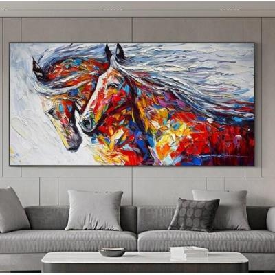 波西米亚风原创彩色马画在画布上，大型抽象纹理手工动物 手绘油...